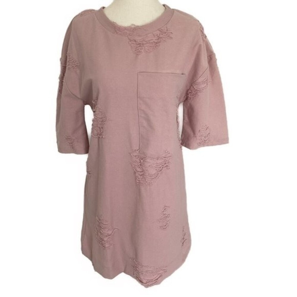 ADELINE Designer Pink Distressed Ripped Mini Dress Retro Grunge Size S